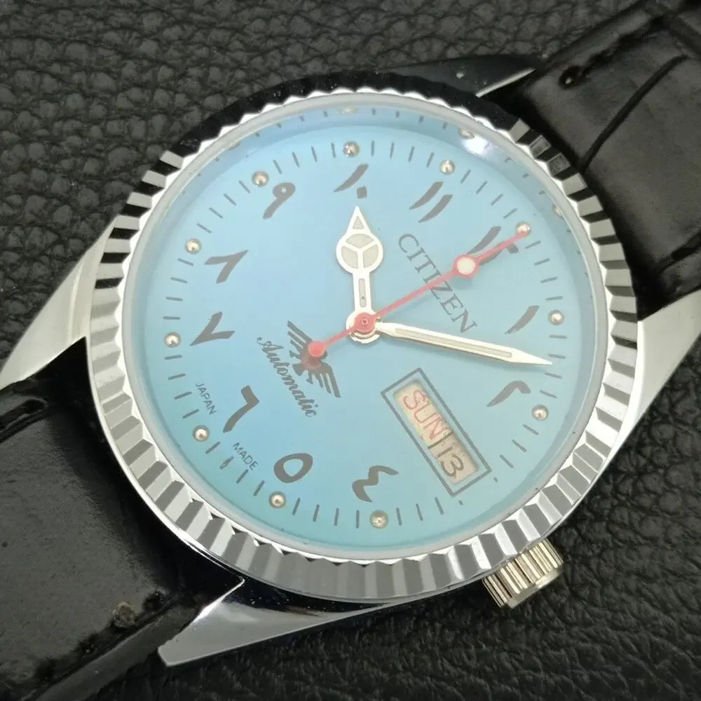 Vintage 1985 Citizen Automatic Mens Silver Watch W/daydate & Blue accents